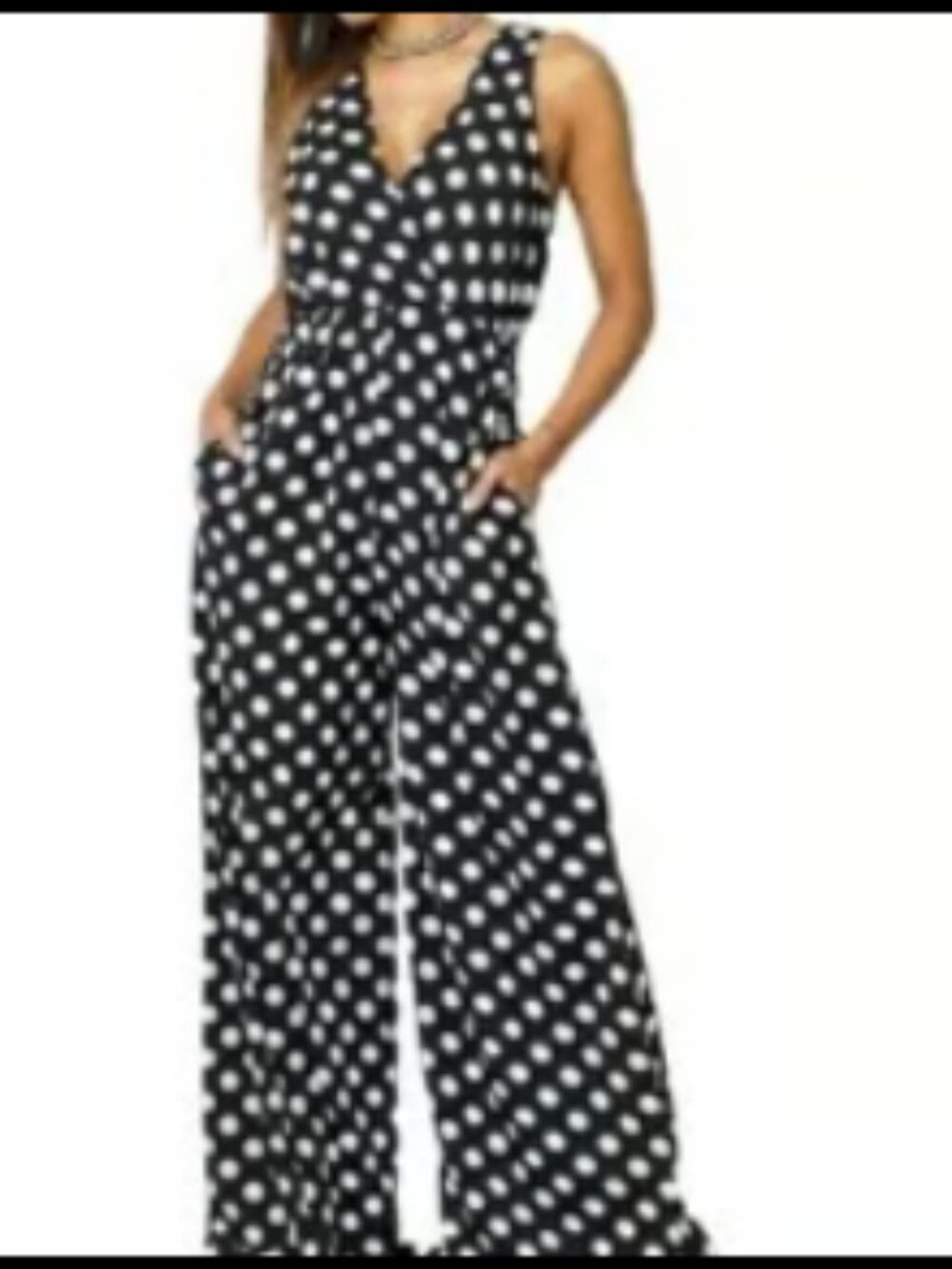 Cookie Black White Polka Dot Wide Leg Sleeveless Jumpsuit Pockets Flowy Small